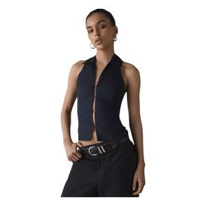 Urban Outfitters Party Girl Cotton-Blend Button Down Sleeveless Shirt Black XXS